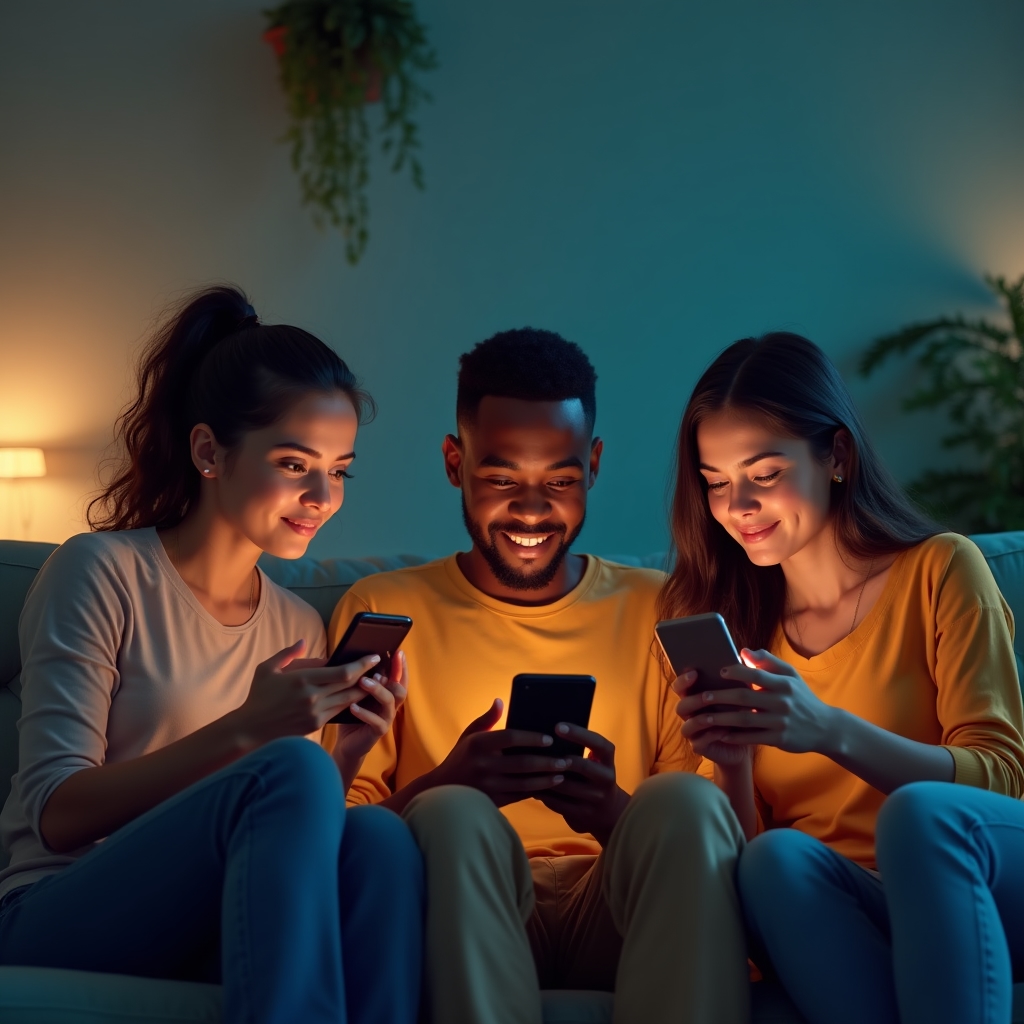 Grupo de personas jóvenes mirando sus teléfonos móviles sentadas en un espacio compartido