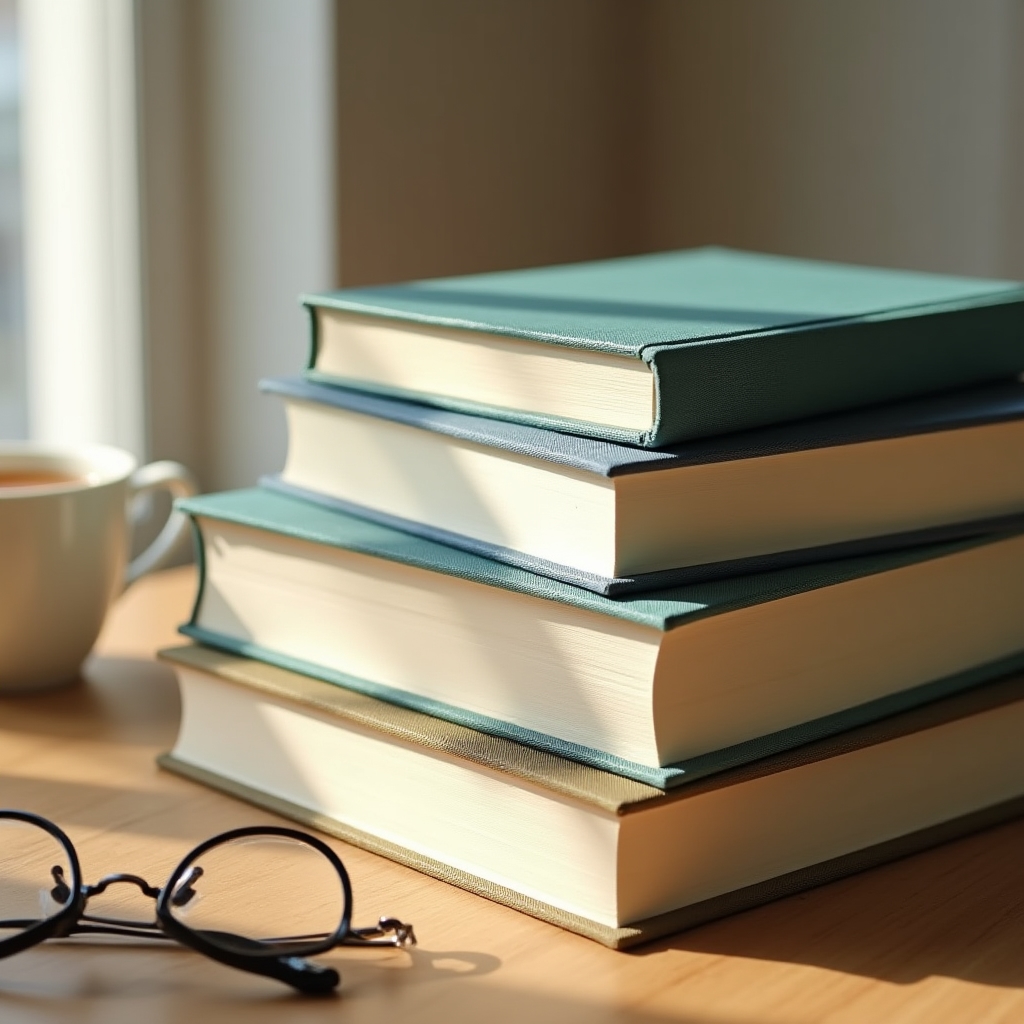 Pila de libros de economía conductual sobre una mesa con luz natural