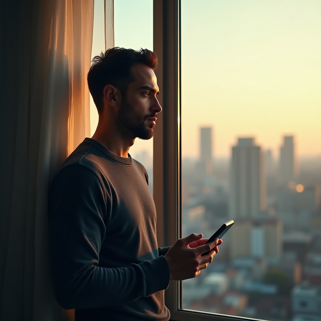 Persona pensativa mirando por una ventana mientras sostiene un teléfono móvil